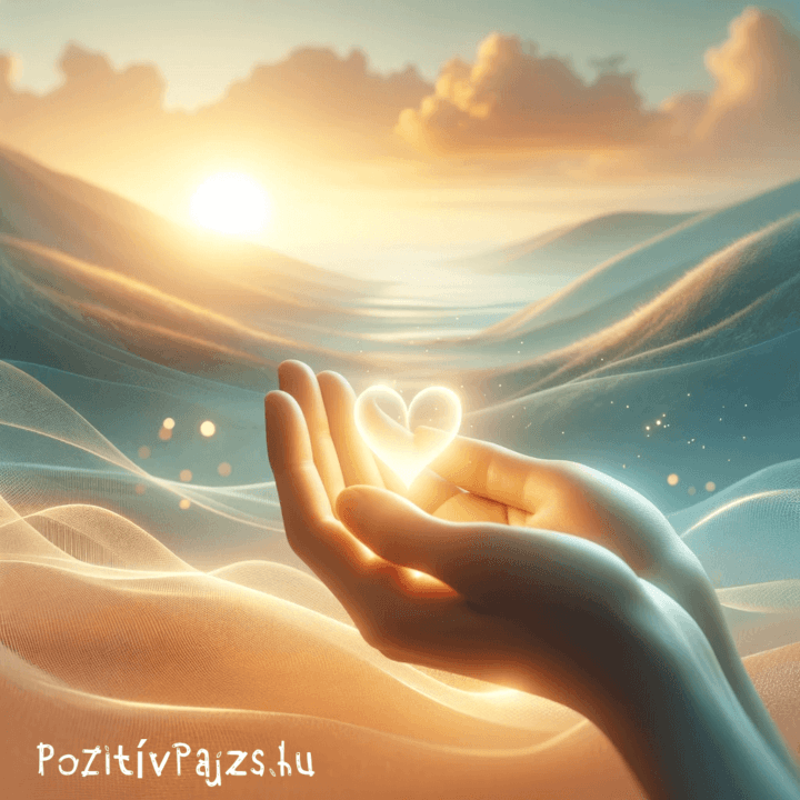 Egy kéz tart egy fénylő szívet naplementés háttérrel, a hála és mindfulness szimbólumaként. Ezeket a szövegeket használhatod a képed mellett, hogy megfelelően leírja annak jelentését és tartalmát.